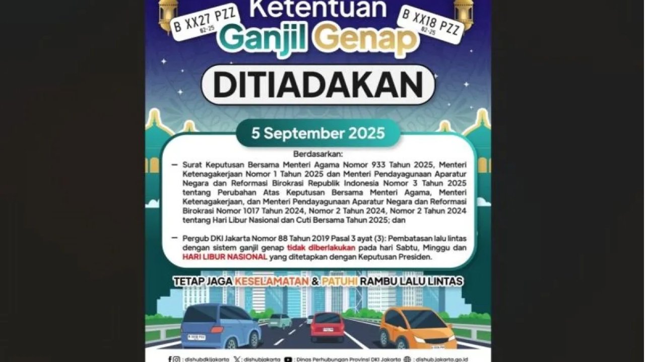 Jakarta Bebas Ganjil Genap Jumat, 5 September Saat Libur Maulid Nabi